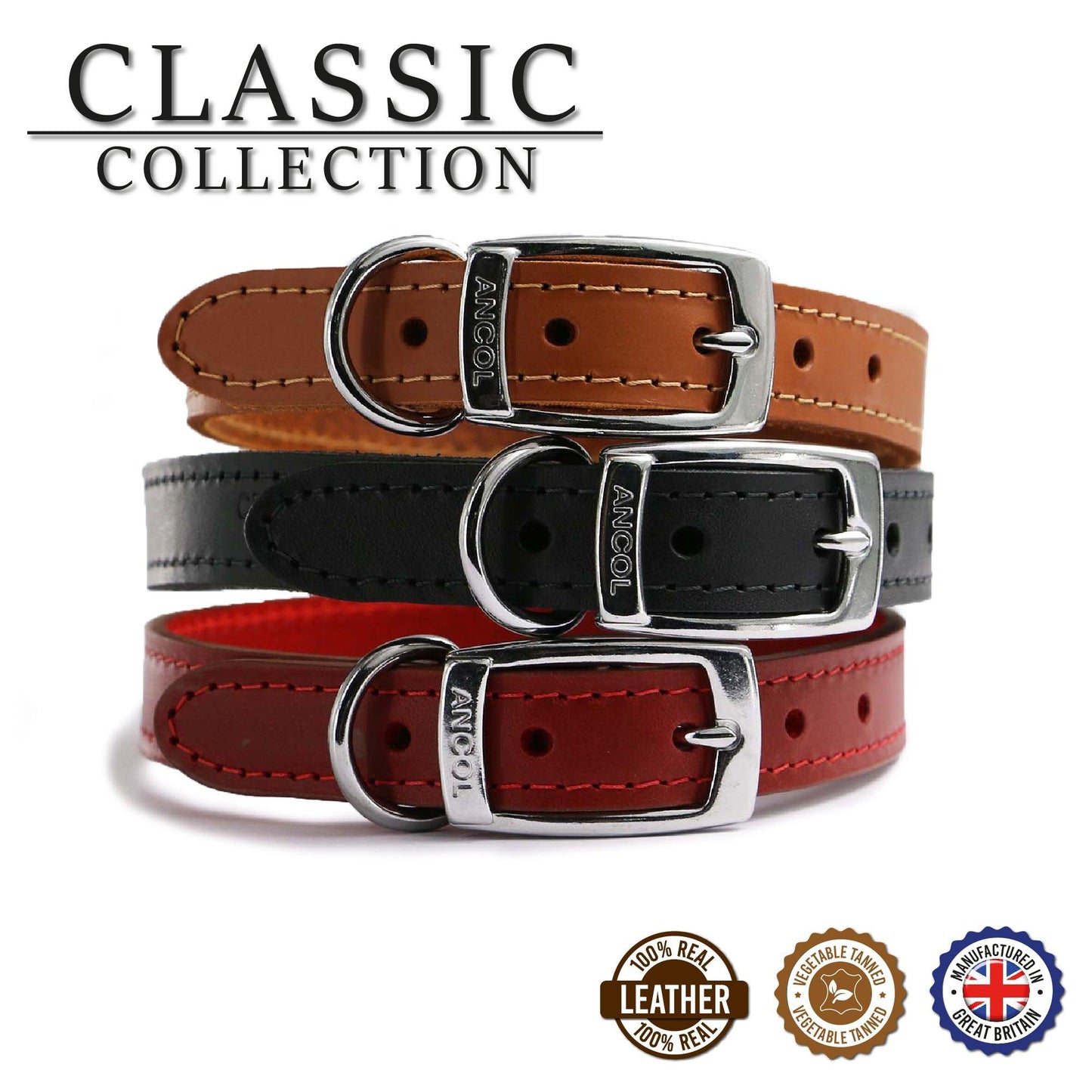 Ancol Classic Leather Collar Red 50-59cm Size 7