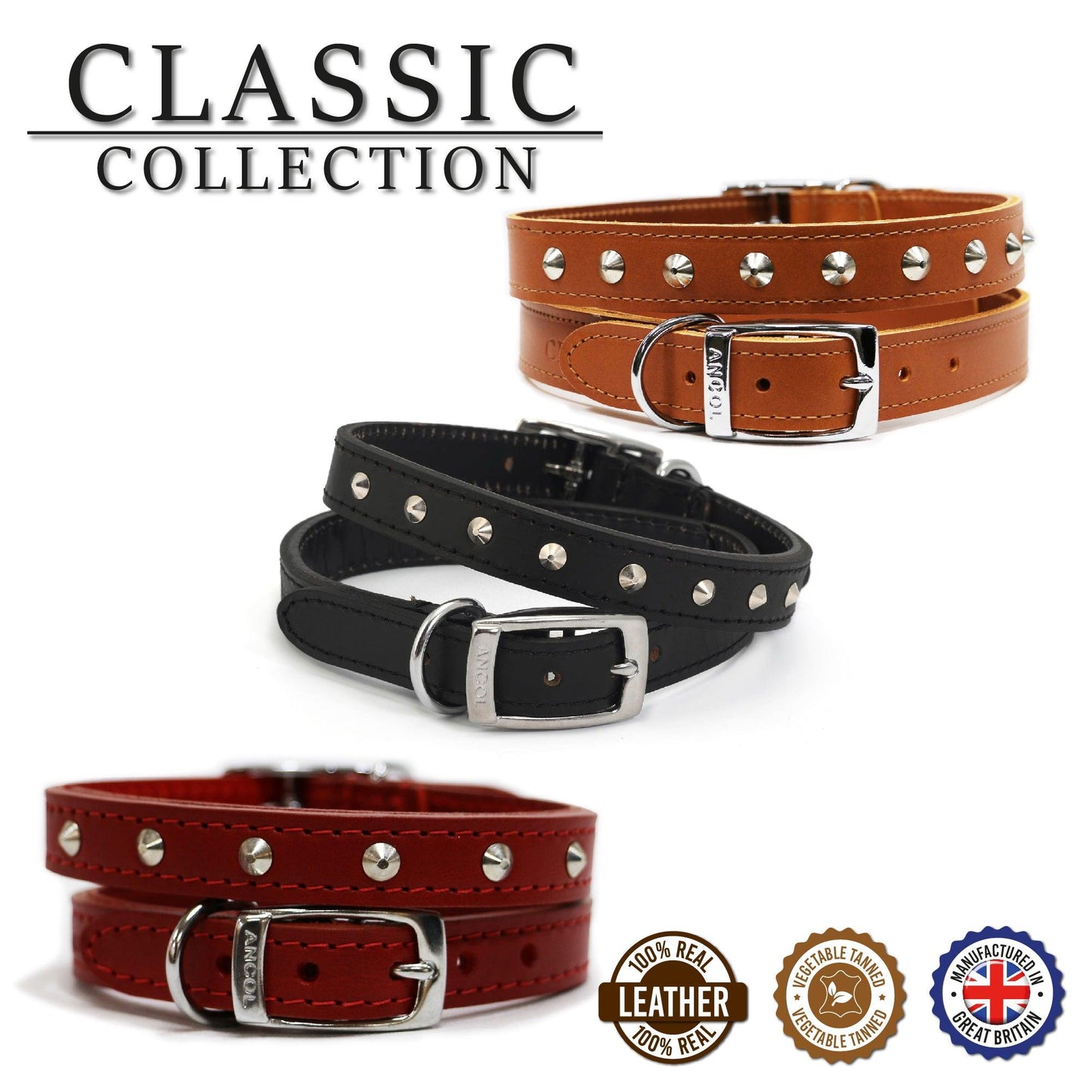 Ancol Leather Stud Collar Red 20-26cm Size 1