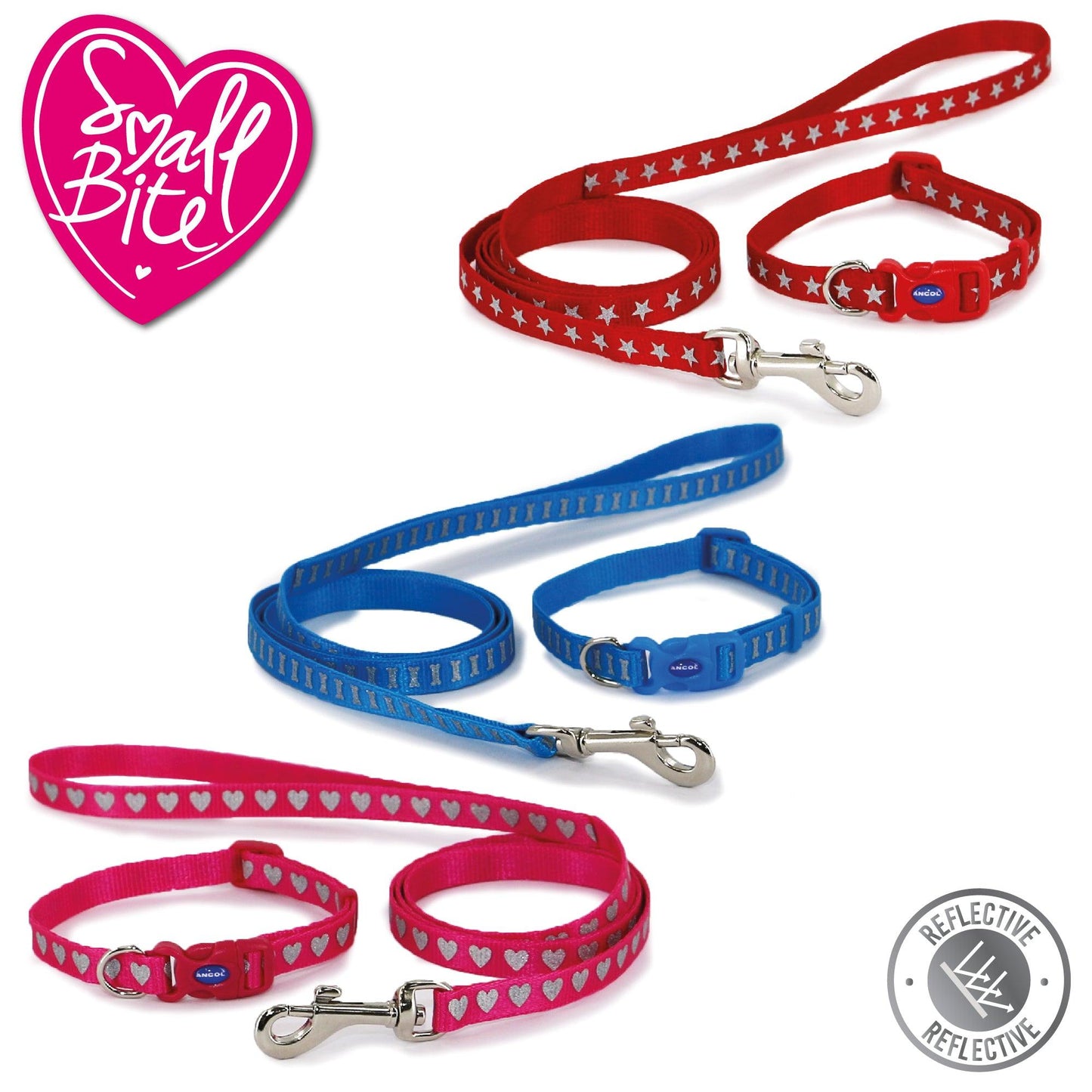 Ancol Small Bite Reflective Collar Lead Set Heart