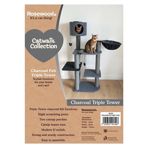 Rosewood Charcoal Felt Cat triple tower - Ormskirk Pets