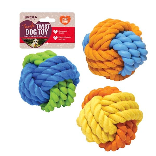 Rosewood tough toys 3.5" Rubber & Rope Ball Asstd