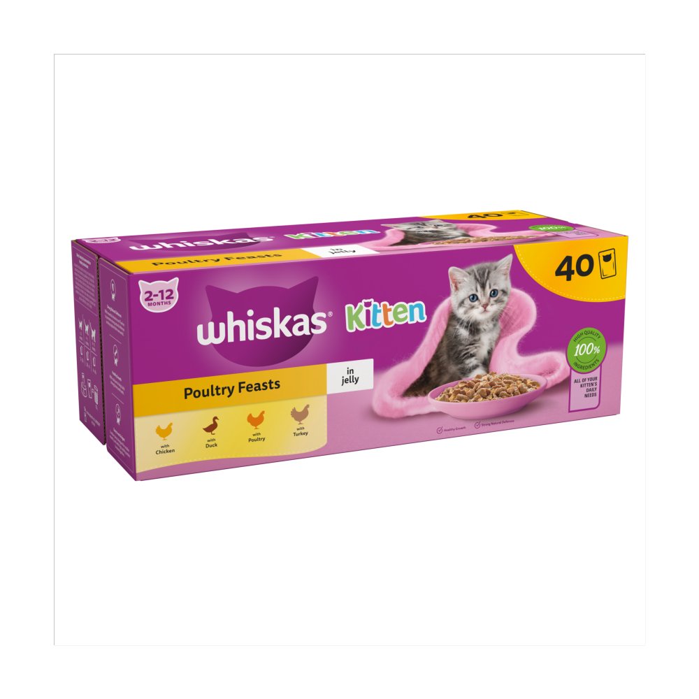 Whiskas Kitten Poultry Feasts Wet Cat Food Pouches in Jelly 40pk, 85g