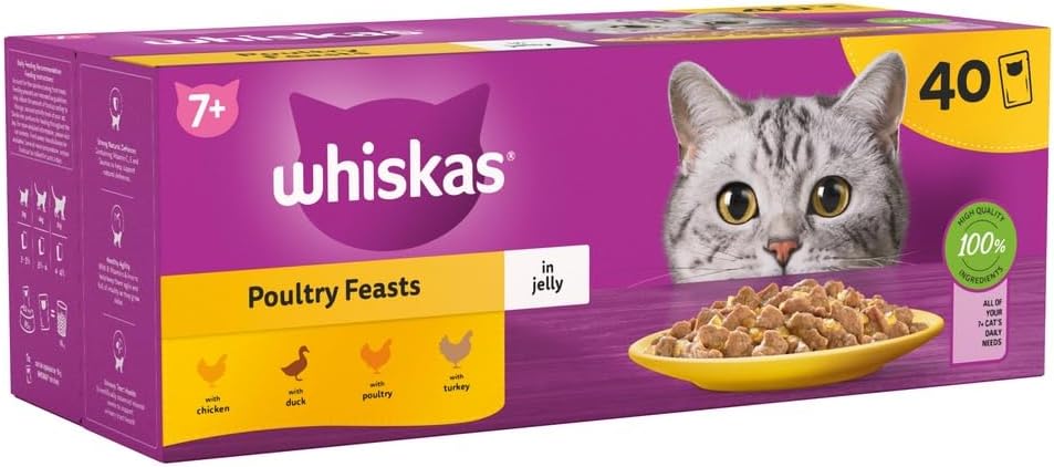 Whiskas 7+ Poultry Feasts Senior Wet Cat Food Pouches in Jelly 40pk, 85g