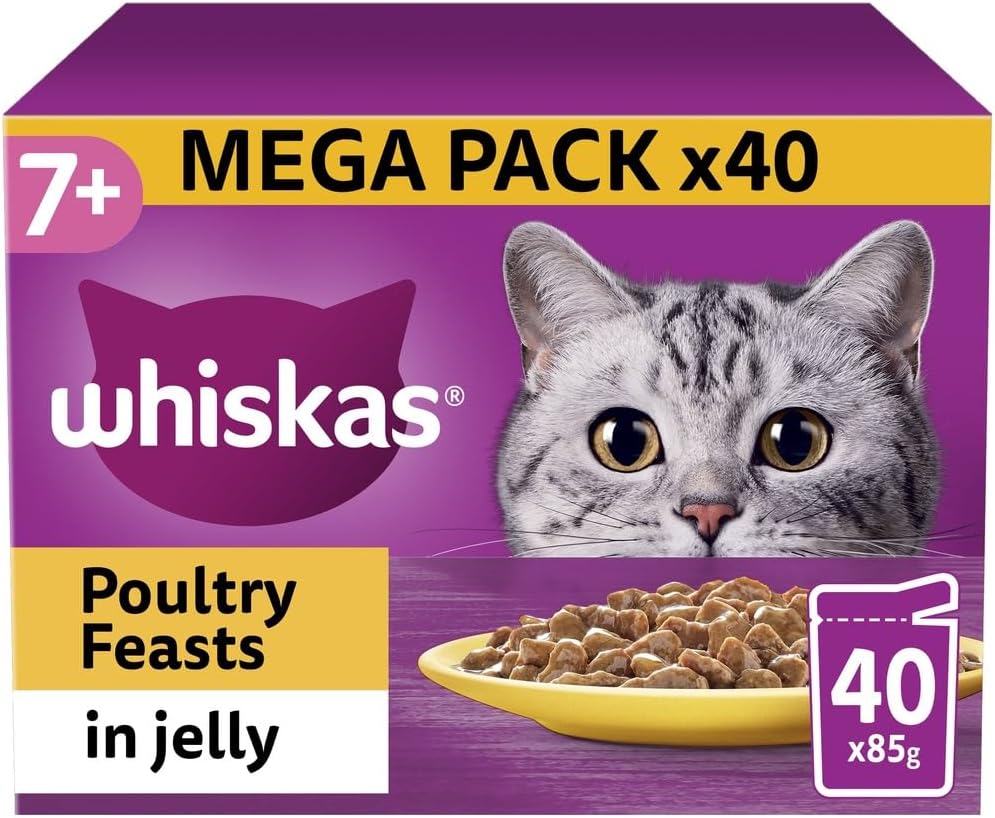 Whiskas 7+ Poultry Feasts Senior Wet Cat Food Pouches in Jelly 40pk, 85g