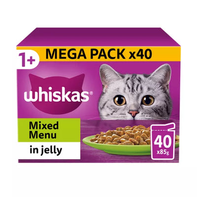 Whiskas 1+ Mixed Menu Adult Wet Cat Food Pouches in Jelly 40pk, 85g