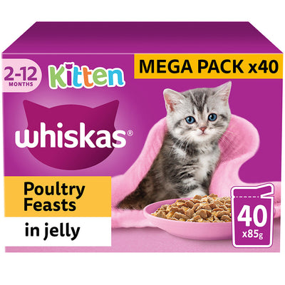 Whiskas Kitten Poultry Feasts Wet Cat Food Pouches in Jelly 40pk, 85g