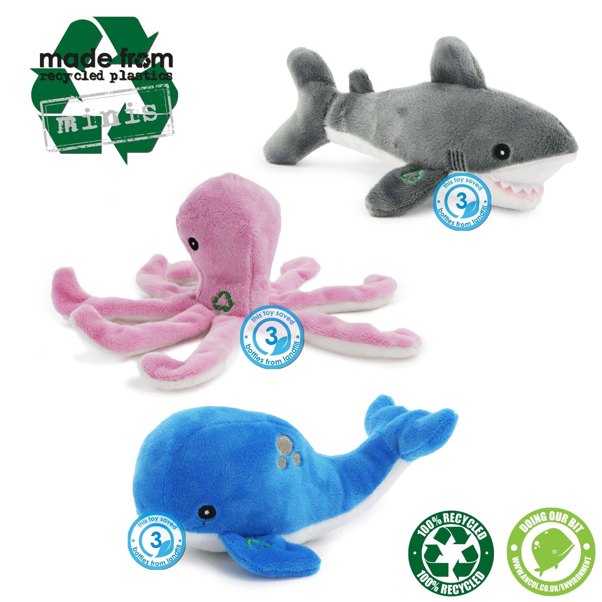 Ancol Made From Mini Shark Octopus or Oshi - Single Toy - Ormskirk Pets