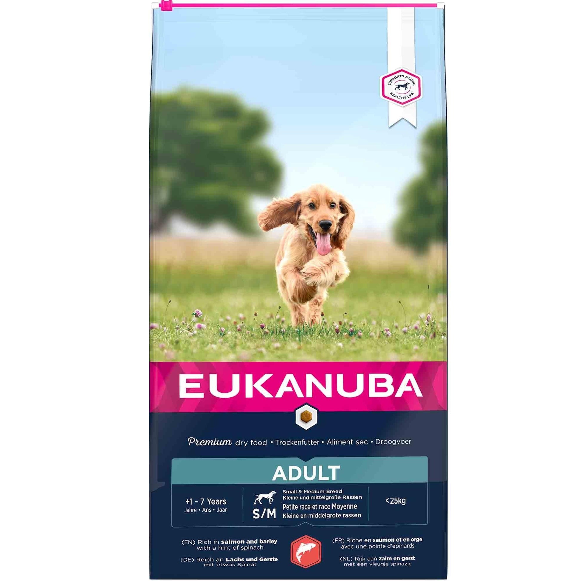 Eukanuba Dog Adult Small & Medium SALMON & BARLEY WITH A HINT OF SPINACH, 12kg - Ormskirk Pets