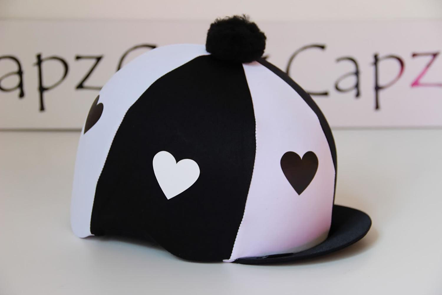 Capz Motif Cap Cover Lycra Heartz & Pom Black/White Hearts - Ormskirk Pets