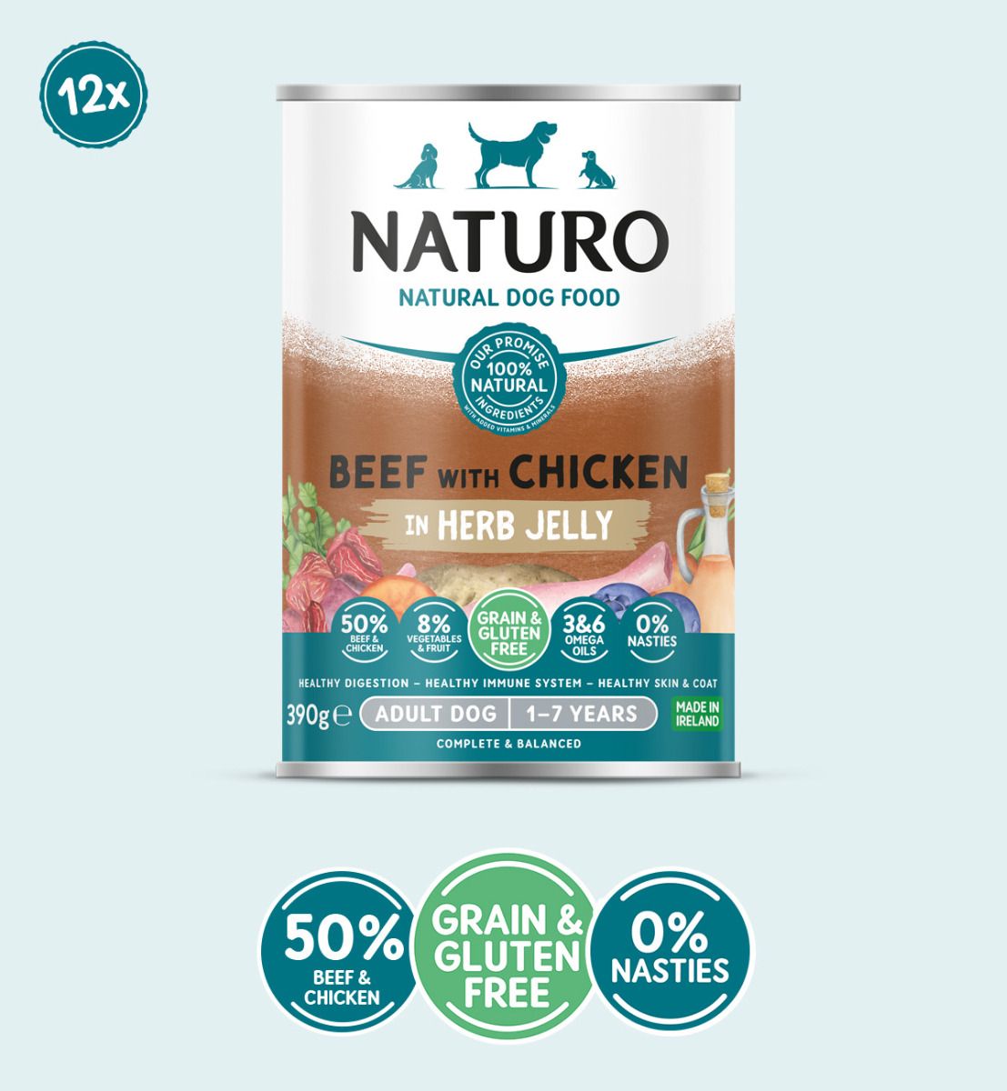 Naturo Adult Dog Grain & Gluten Free Beef with Chicken in Herb Jelly, 390g