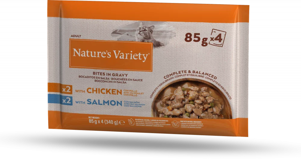 Natures Variety Chicken and Salmon Bites in Gravy Cat Pate 85g x 4 pouches