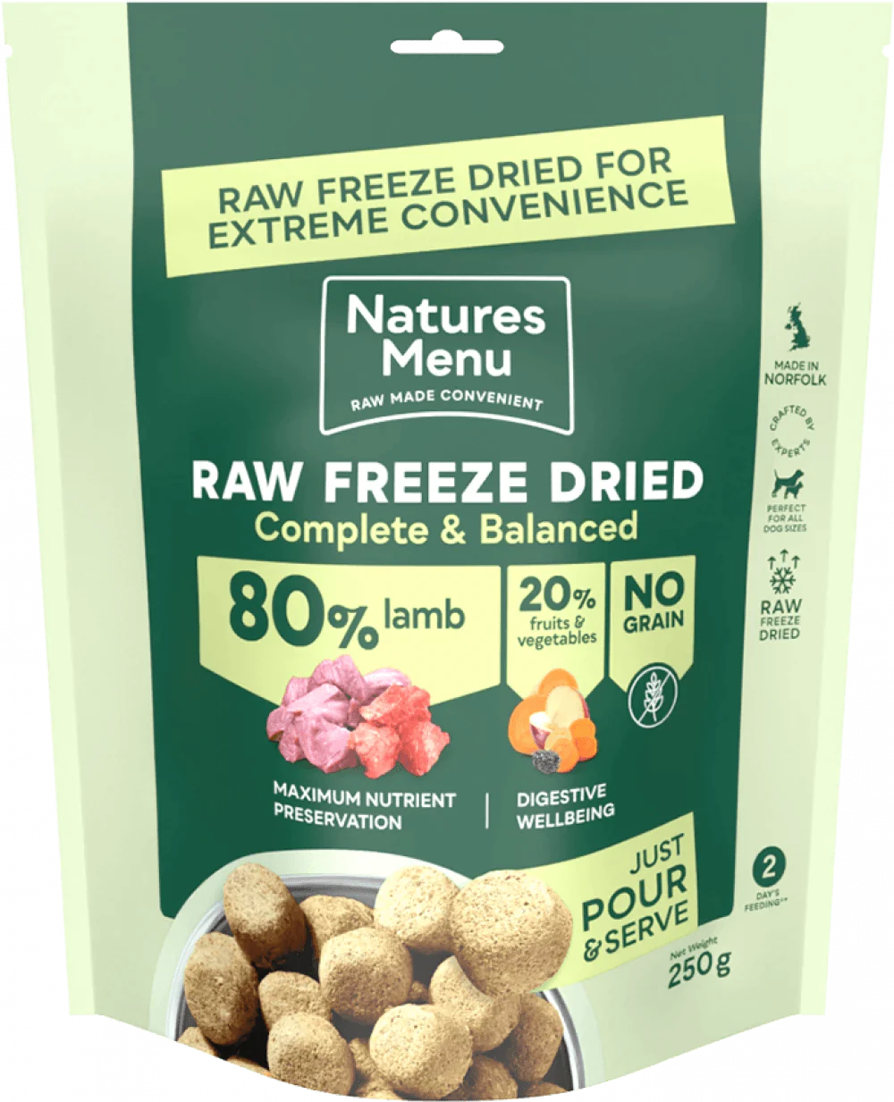 Natures Menu 80/20 LAMB Freeze Dried 250g - Ormskirk Pets